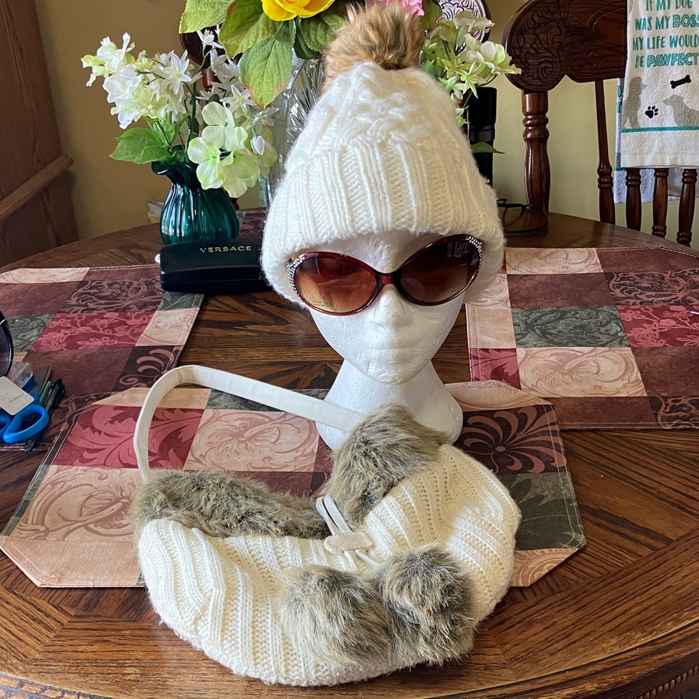 White Knit Beanie and Bag Set with Faux Fur Accents and sunglasses
